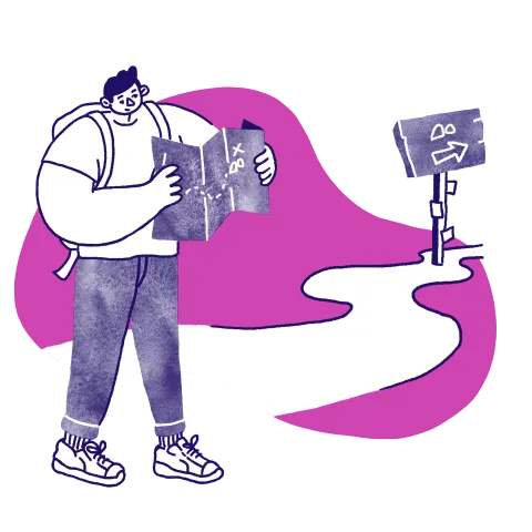 Illustration of a person reading a map on a trail path 