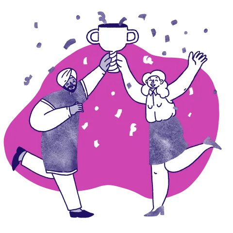 Illustration of two people celebrating with a trophy