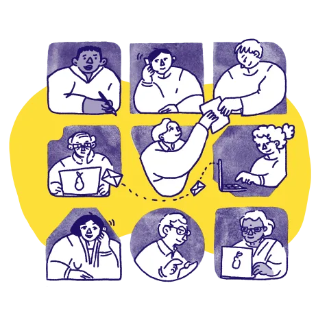 Illustration with panels showing a diverse range of people communicating with one another