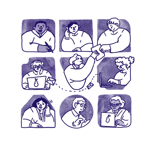 Illustration with panels showing a diverse range of people communicating with one another