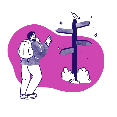 Illustration of a person navigating at a wayfinding sign