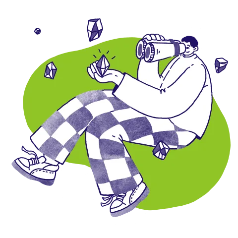 Illustration of a person viewing a selection of geometric forms through binoculars