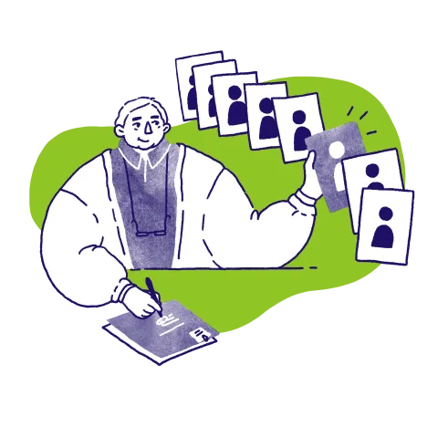 Illustration of a person choosing a document from a selection