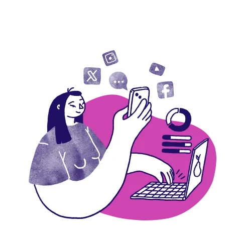 Illustration of a person on a laptop, surrounded by various social media icons