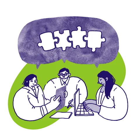 Illustration of three people collaborating on a work project