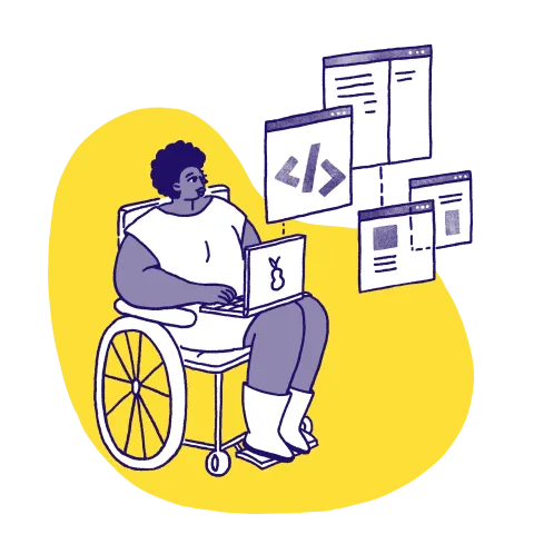 Illustration of a person viewing various programming-related computer windows 