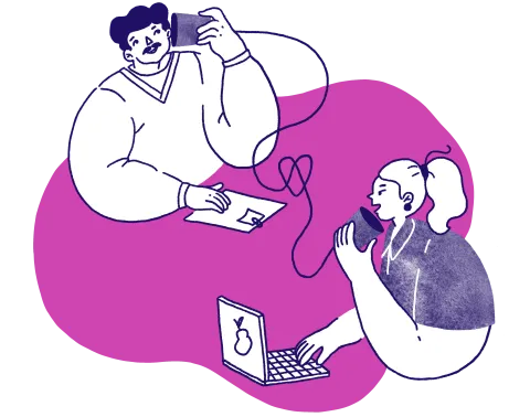 Two people talking via a tin can phone