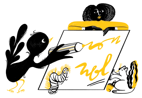 A bird writing on a ledger
