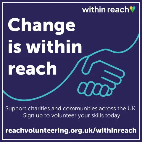 Graphic of hands shaking to illustrate within reach campaign - call for people to sign up to volunteer their skills