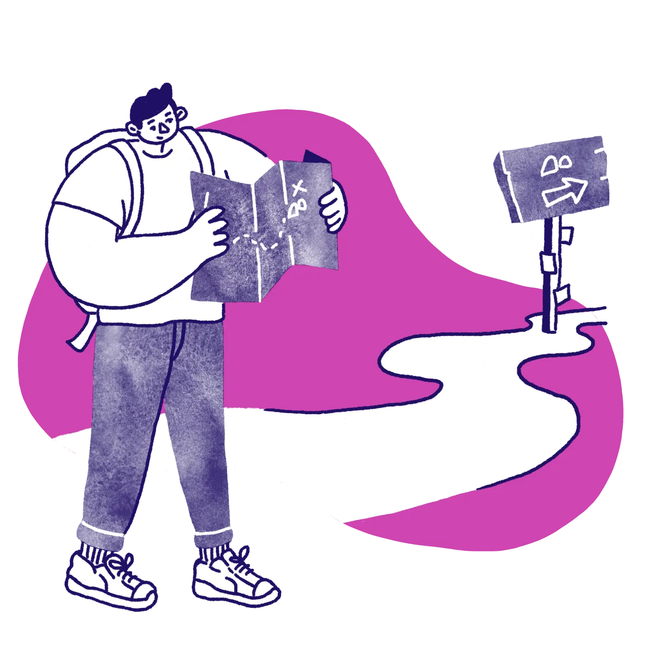 Illustration of a person reading a map on a trail path 