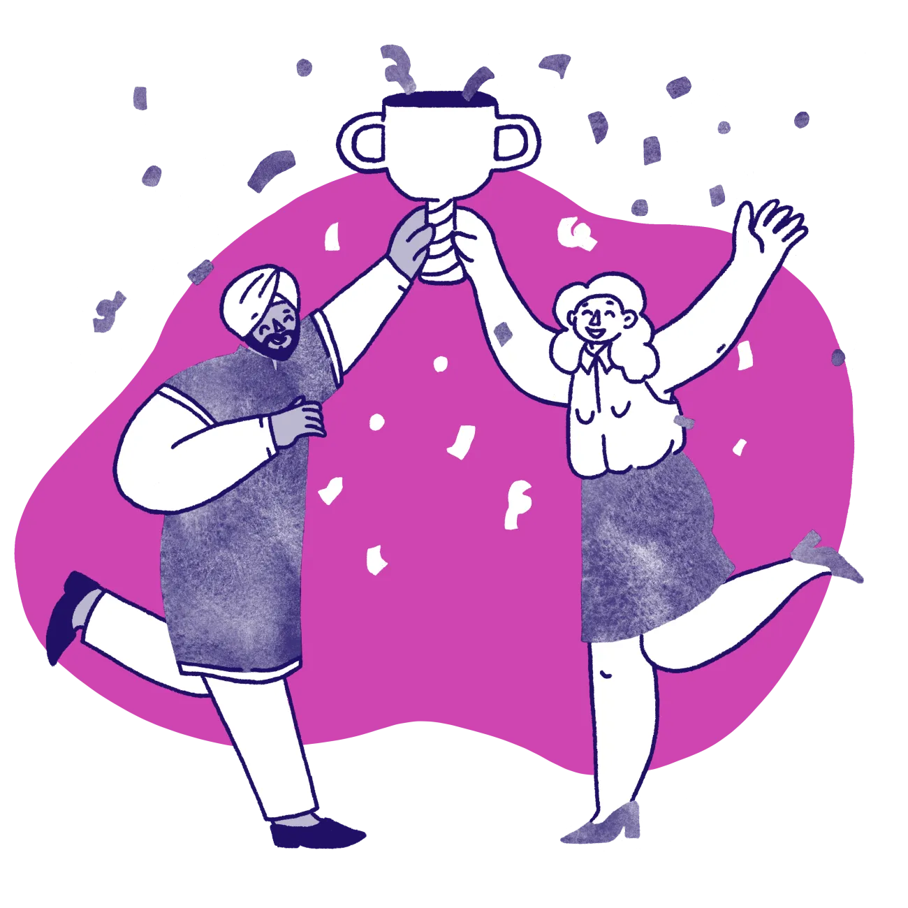 Illustration of two people celebrating with a trophy
