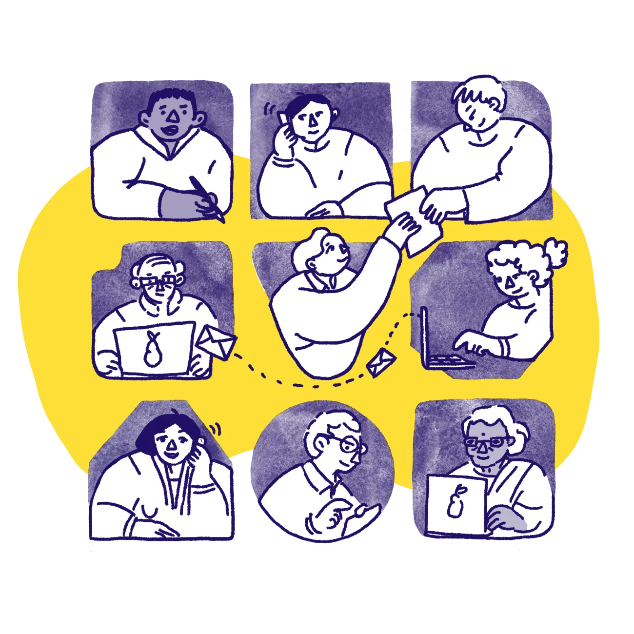 Illustration with panels showing a diverse range of people communicating with one another