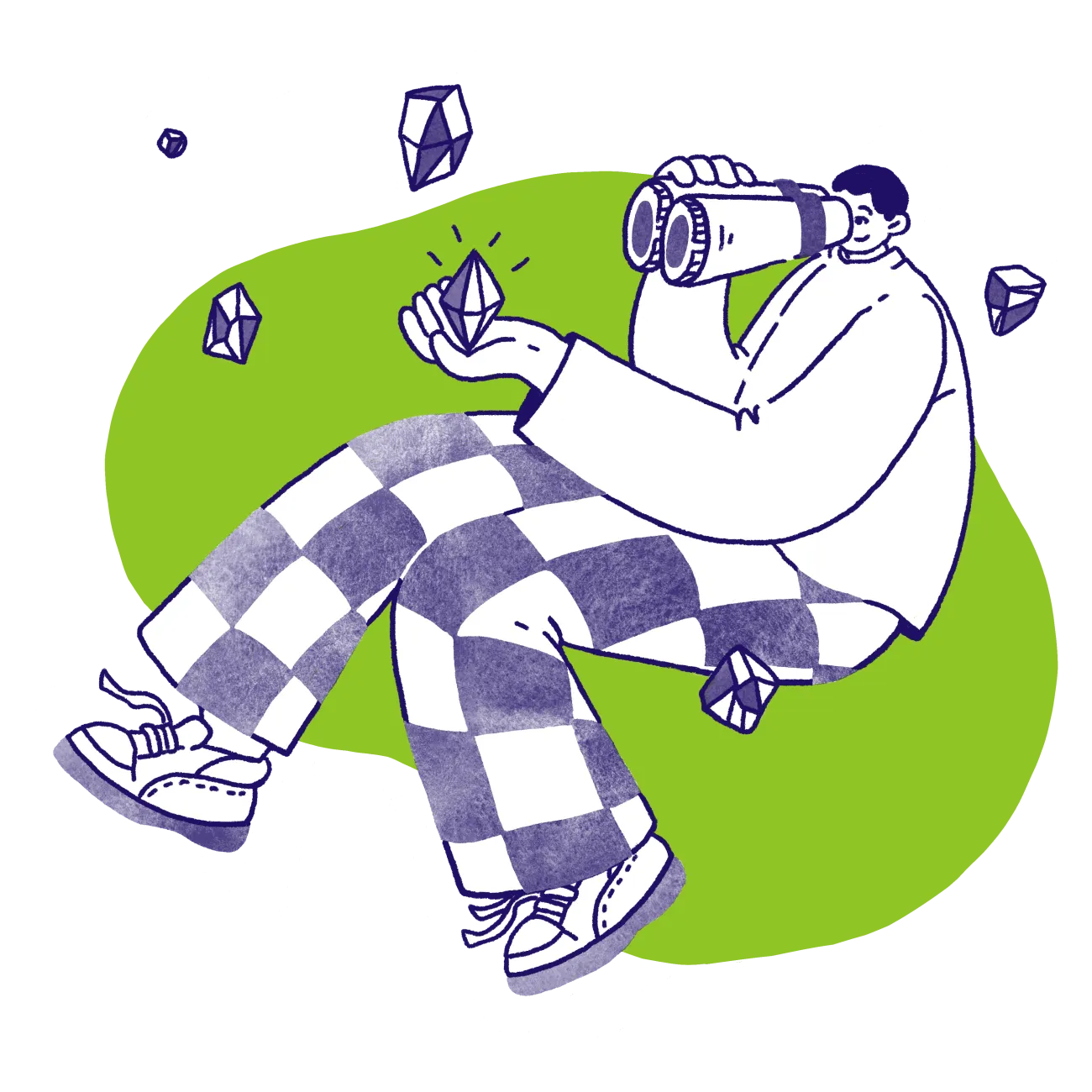 Illustration of a person viewing a selection of geometric forms through binoculars