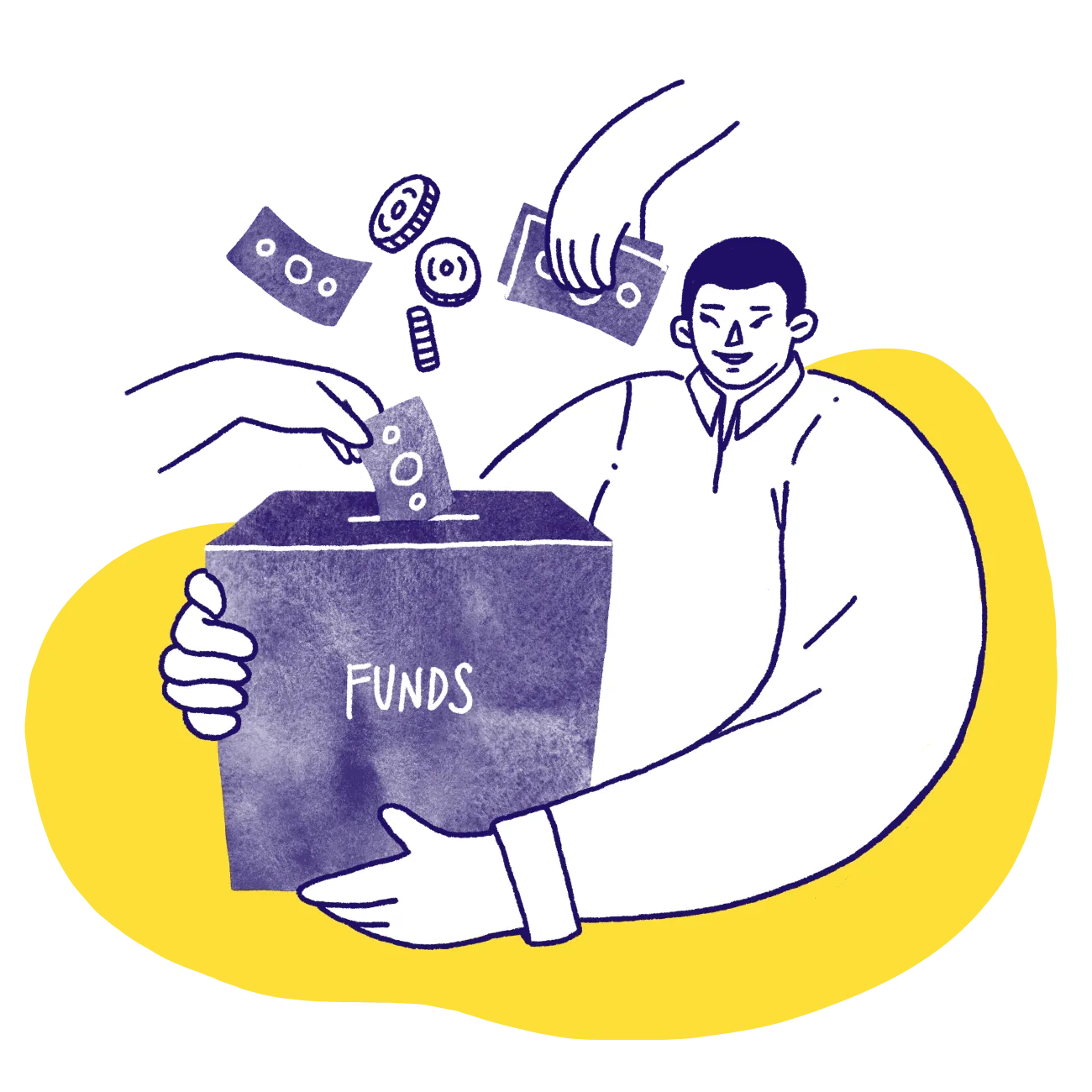 Illustration of a person holding a donation box