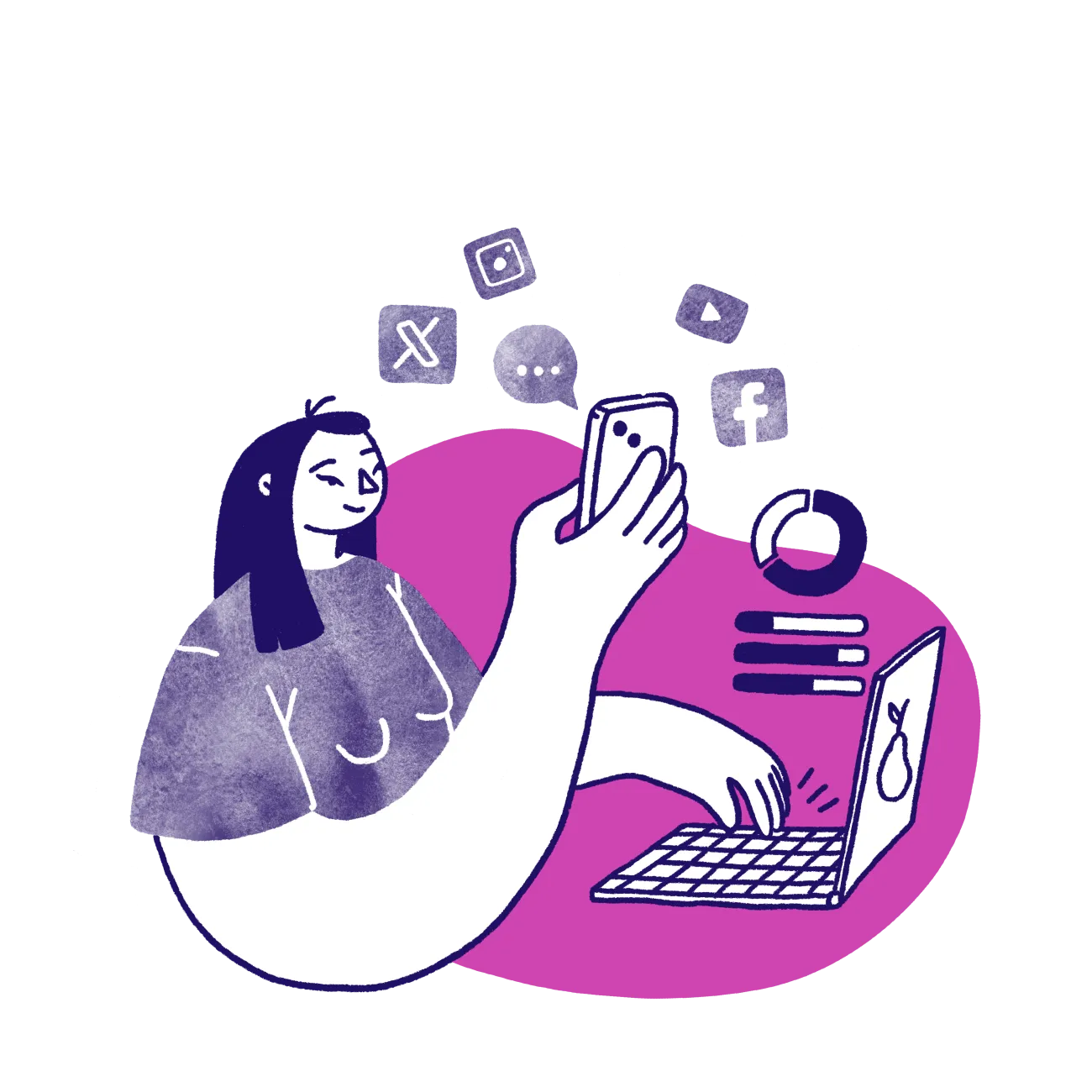 Illustration of a person on a laptop, surrounded by various social media icons