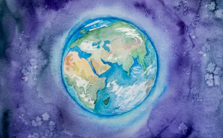 image shows a water colour drawing of the earth in front of a swirled purple and black background.