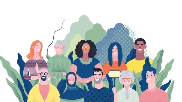 Image shows an illustration of 9 people of different ages and genders, sitting in 2 rows and smiling. There is a background of foliage. 