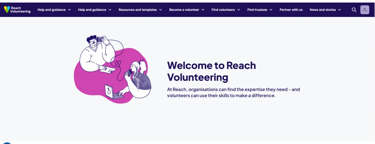 Image shows the home page of the Reach website with a graphic drawing showing two people connecting through a website. Text on the page includes the title "Welcome to Reach Volunteering" 
