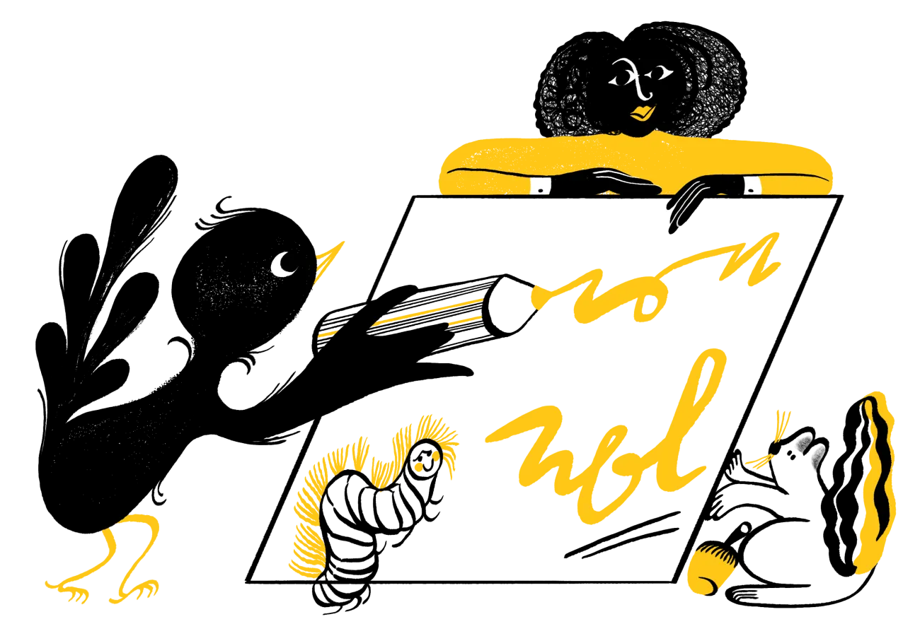 A bird writing on a ledger