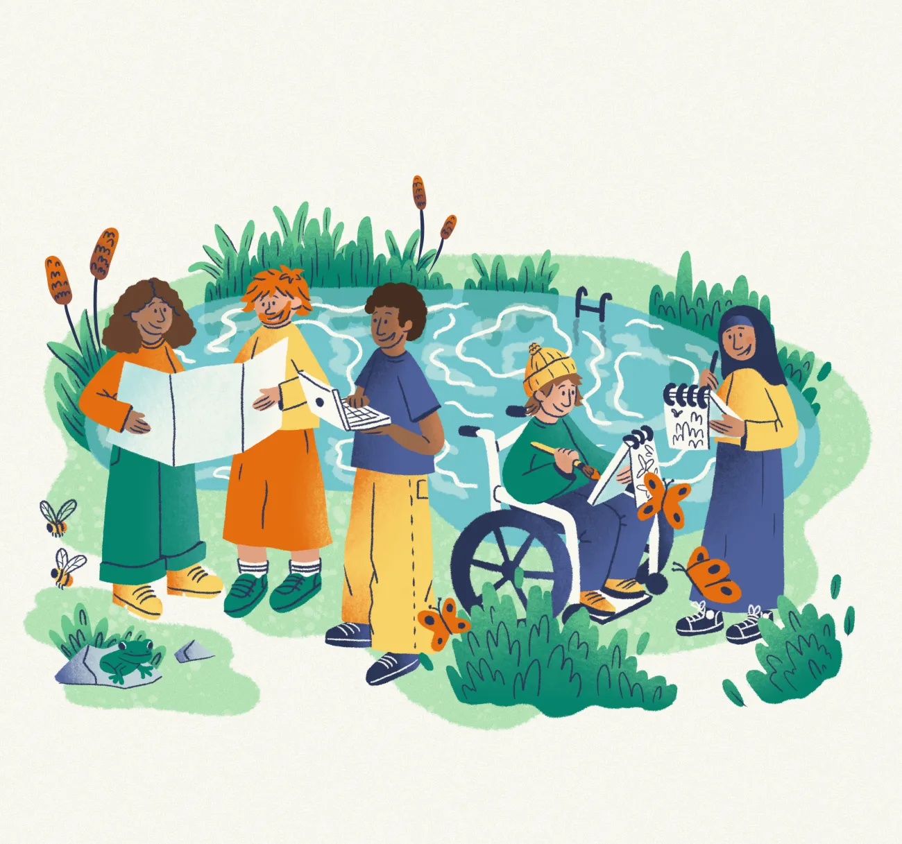 An illustration of a group of children around a pond