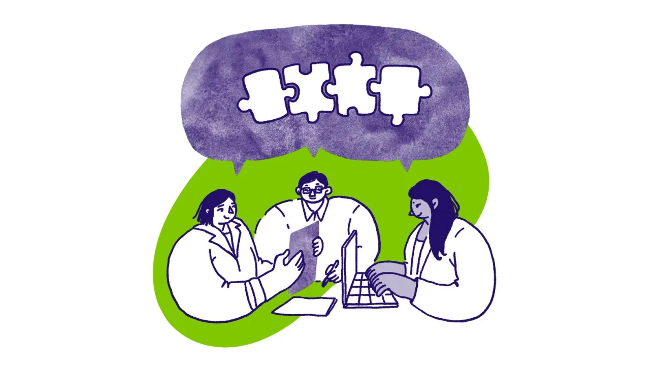 Illustration of three people innovating around a laptop