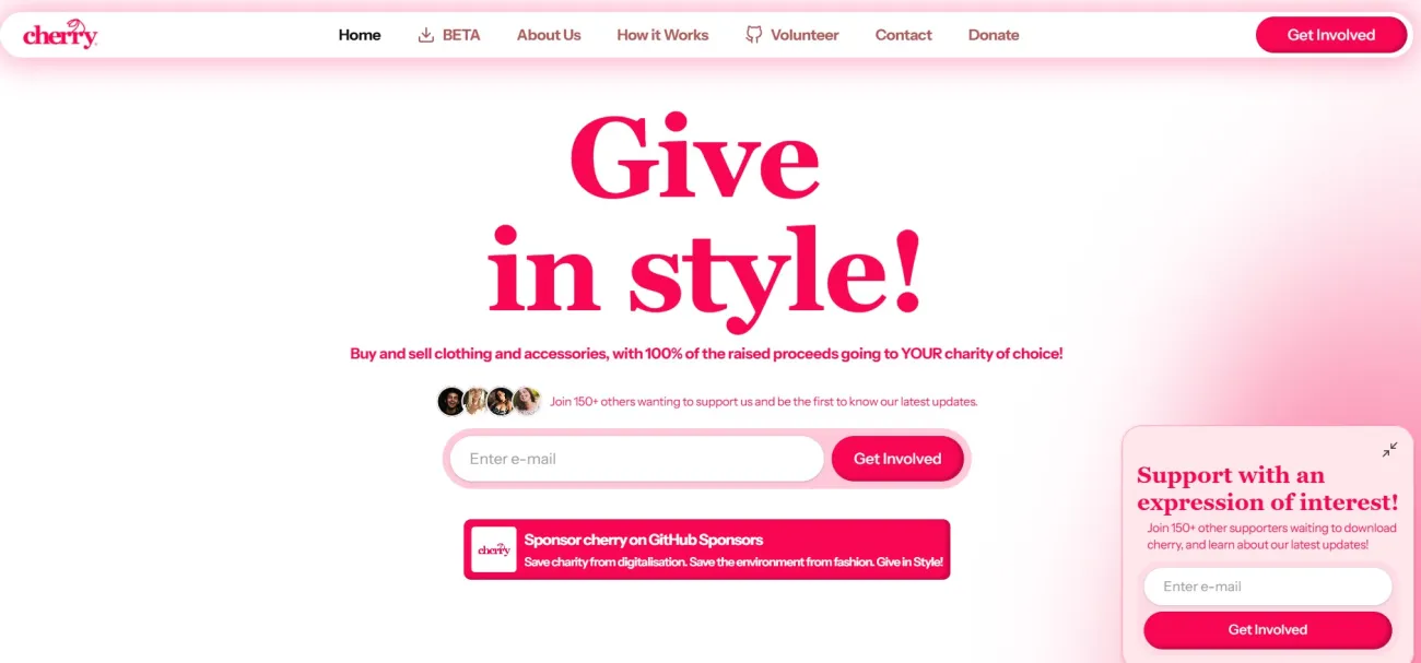 a screenshot of the cherry home page with the headline 'Give in style' 