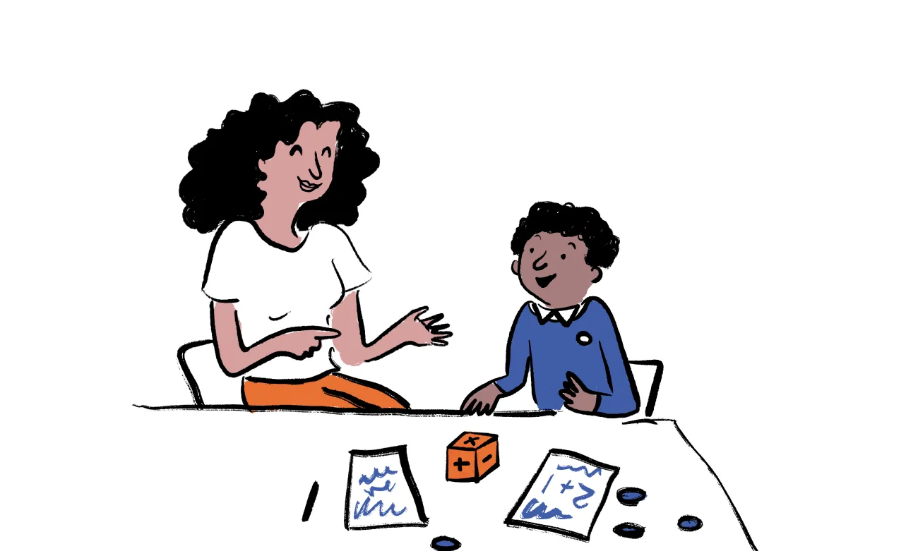 A graphic drawing of a volunteer supporting a child with maths