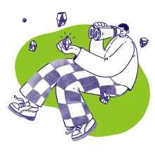 Illustration of a person viewing a selection of geometric forms through binoculars