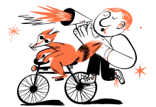 A man and fox riding on a bicycle with a loud hailer