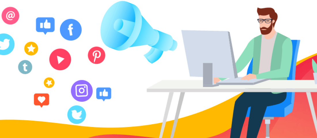 image shows an illustration of a person with short brown hair and glasses, sitting at a white desk with a monitor with social media icons floating out of the monitor.