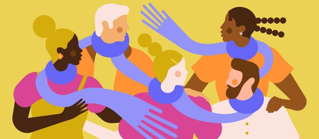 Yellow background with abstract illustrated people connected by a long blue scarf 
