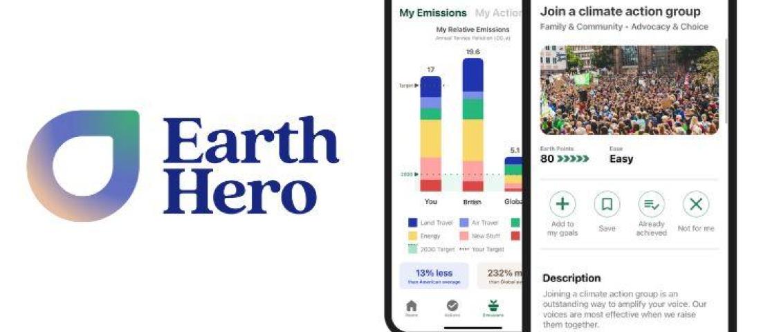 image shows the Earth Hero logo and 2 pictures of an iPhone showing different parts of the Earth Hero app.