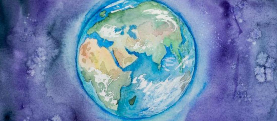 image shows a water colour drawing of the earth in front of a swirled purple and black background.