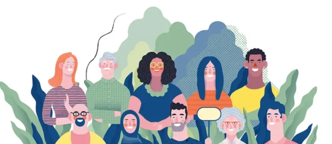Image shows an illustration of 9 people of different ages and genders, sitting in 2 rows and smiling. There is a background of foliage. 