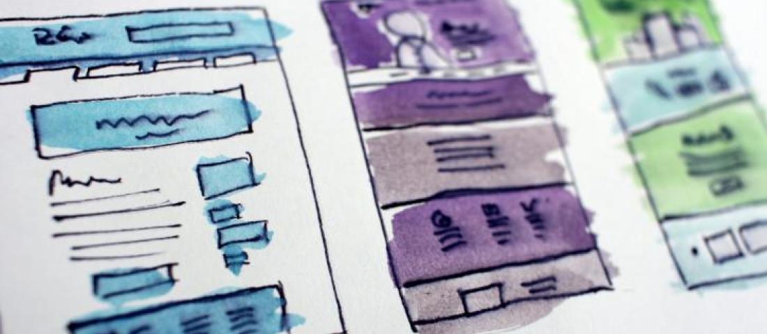 image shows a water colour drawing of 3 buildings, one in blue, one purple and one green.