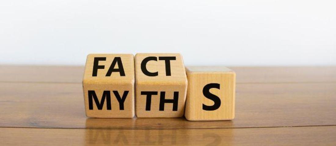 Picture of 5 wooden dice sitting on a wood table. One fact of the dice spells 'facts' and another spells 'myths'.