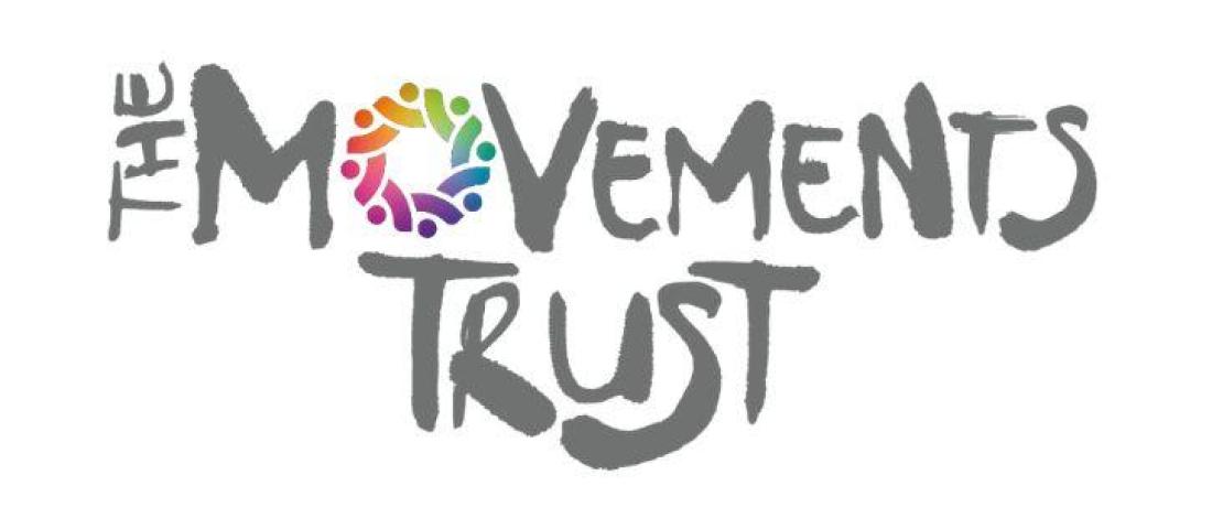 image shows the logo for The Movements Trust. All the letters are grey apart from the 'O' in 'movement' which is multicoloured.