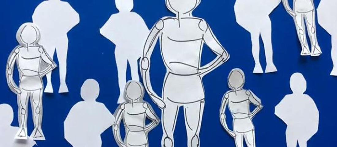 Several roughly drawn identical paper cut-outs of people against a blue background