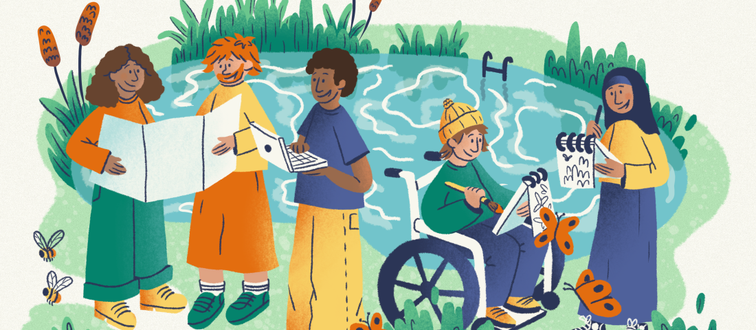An illustration of a group of children around a pond