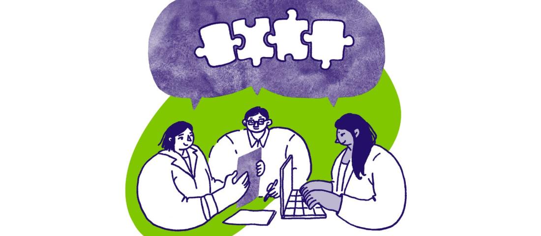 Illustration of three people innovating around a laptop
