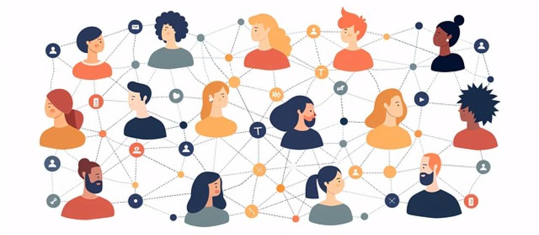 An illustration of 15 people connected by dotted lines