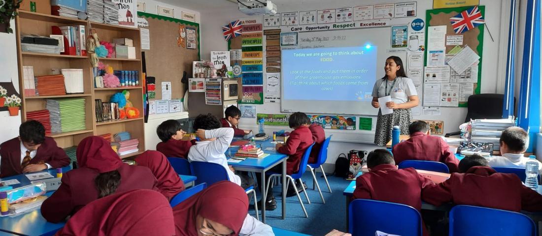 A ClimateEd volunteer speaking in a classroom 