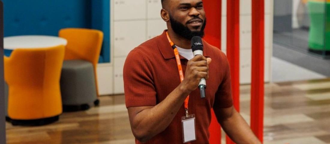 Emeka giving a talk 