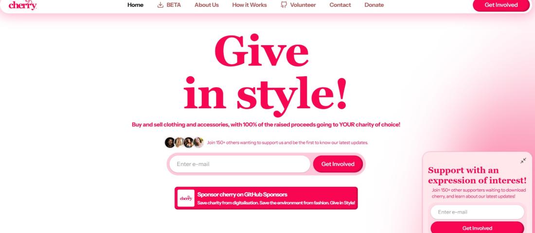 a screenshot of the cherry home page with the headline 'Give in style' 