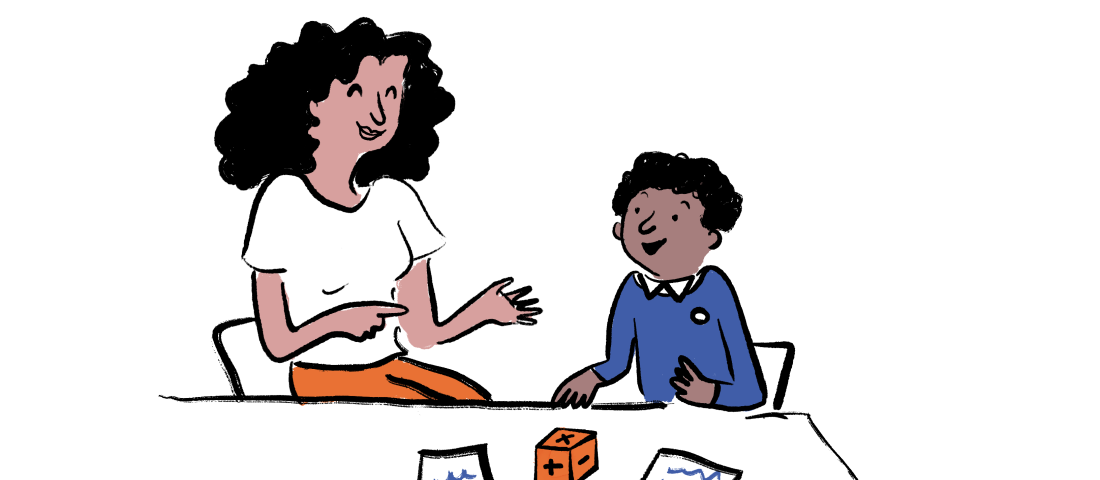 A graphic drawing of a volunteer supporting a child with maths