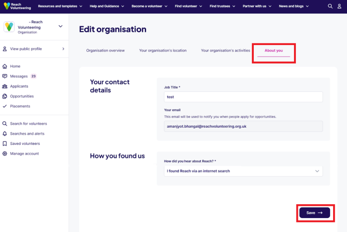 Screenshot showing the 'Edit organisation' page of the volunteer dashboard on the Reach website