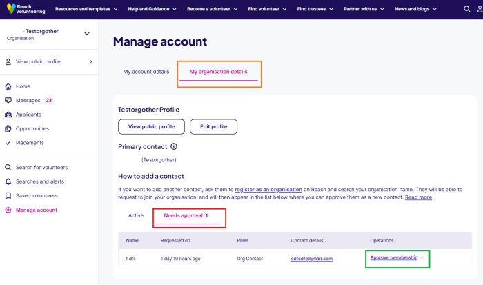 Screenshot showing the 'My organisation details' page of the volunteer dashboard on the Reach website