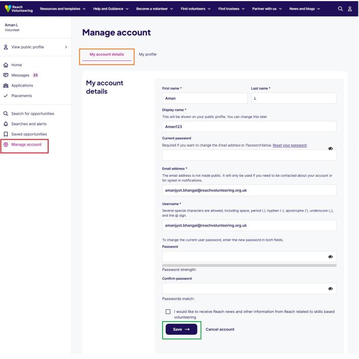 Screenshot of the 'Manage account' page of the volunteer dashboard on the Reach website