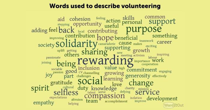 Image shows a word cloud with words used by survey respondents to describe volunteering. Most common words include rewarding; social; purpose; solidarity; sharing; compassion; purpose; selfless