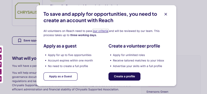 Screenshot that shows button to 'Apply as Guest' on the left of a pop-up